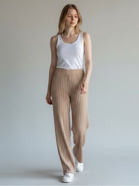 Rip Curl Ribbed Wide-Leg Knit Pants in Beige
